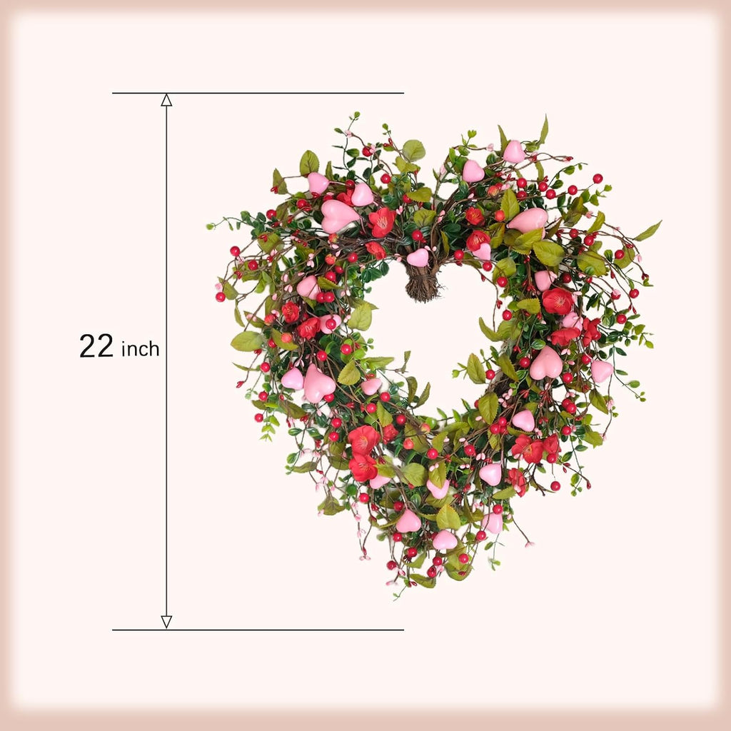 22 Inch Valentine Heart-Shaped Wreath, Pink Flower Heart Berry Green Leaf Decor for Front Door Window Wall Porch