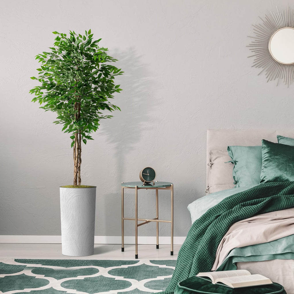 Artificial Tree in White Marble Effect Planter, Fake Ficus Silk Tree for Indoor and Outdoor Home Decoration - 75"