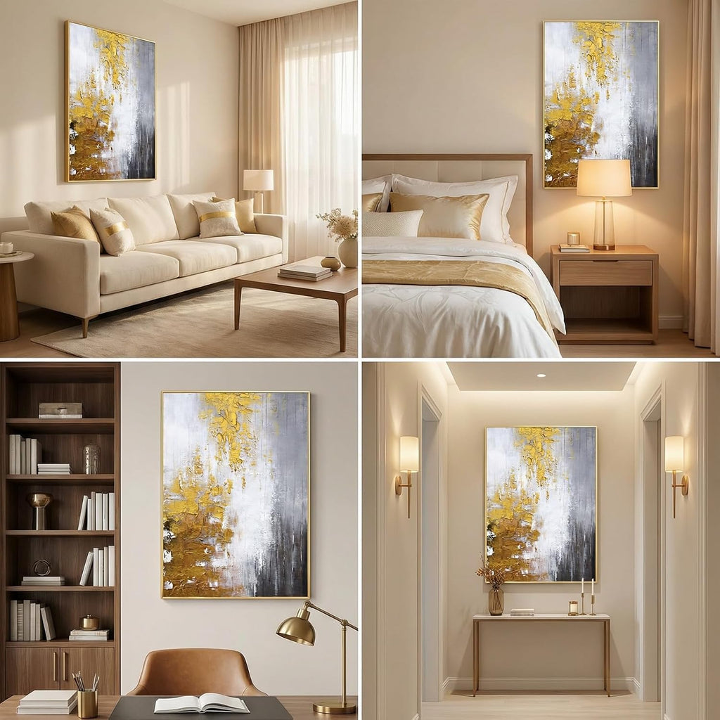 Hand-Painted Black and White Abstract Oil Painting on Canvas for Entrance-Hall, Framed Gold Wall Art ,Large 3D Wall