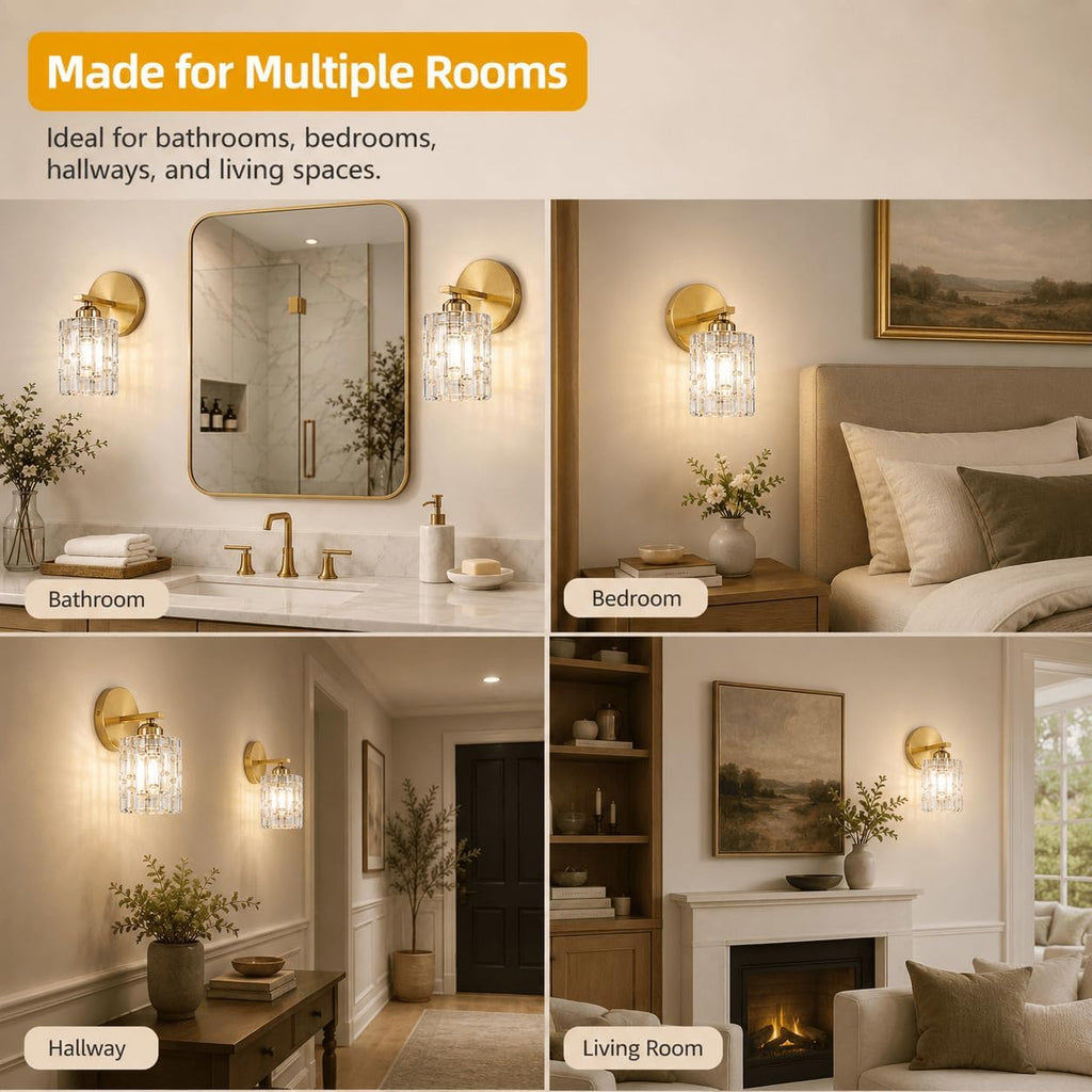 2-Pack 1-Light Modern Matte Black Crystal Wall Sconces, Hardwired Indoor Bathroom Vanity Light Fixtures, Crystal Over