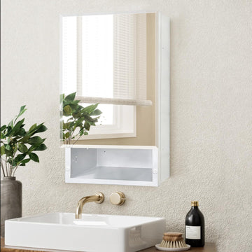 16x26 inch Bathroom Medicine Cabinet with Mirror, Platstic Framed Beveled Edge Mirror Cabinet with Removable Shelves