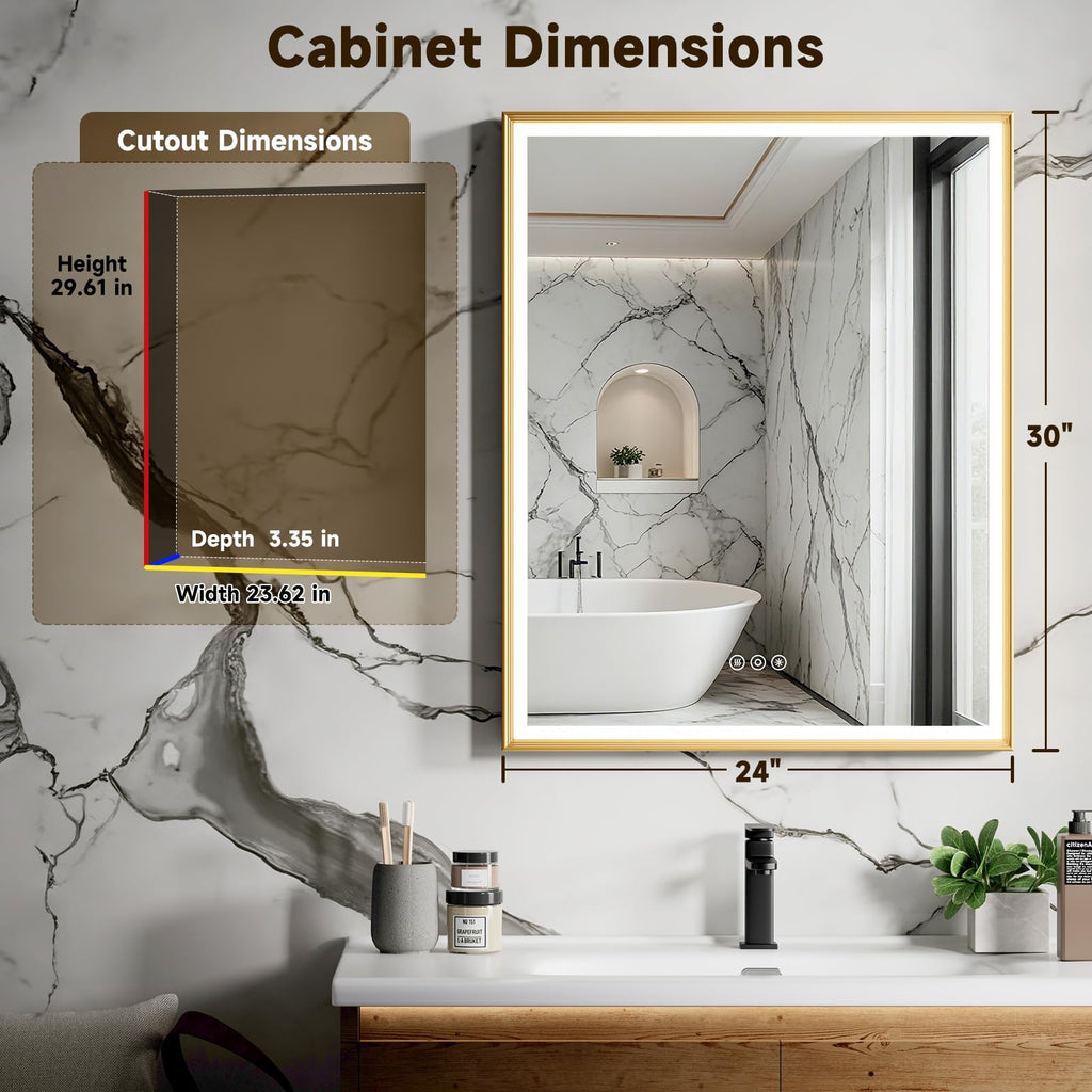 24x30 Inch Lighted Medicine Cabinet Aluminum Frame 3-Color Dimmable LED Anti-Fog Mirror Surface & Recessed Mount