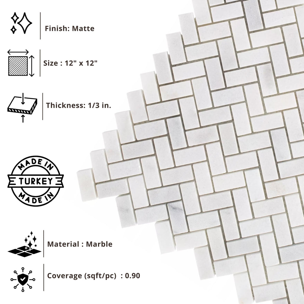 Bianco Herringbone Honed Marble Mosaic Tile 12x12 in Backsplash Bathroom Wall Shower Floor Fireplace Accent Natural