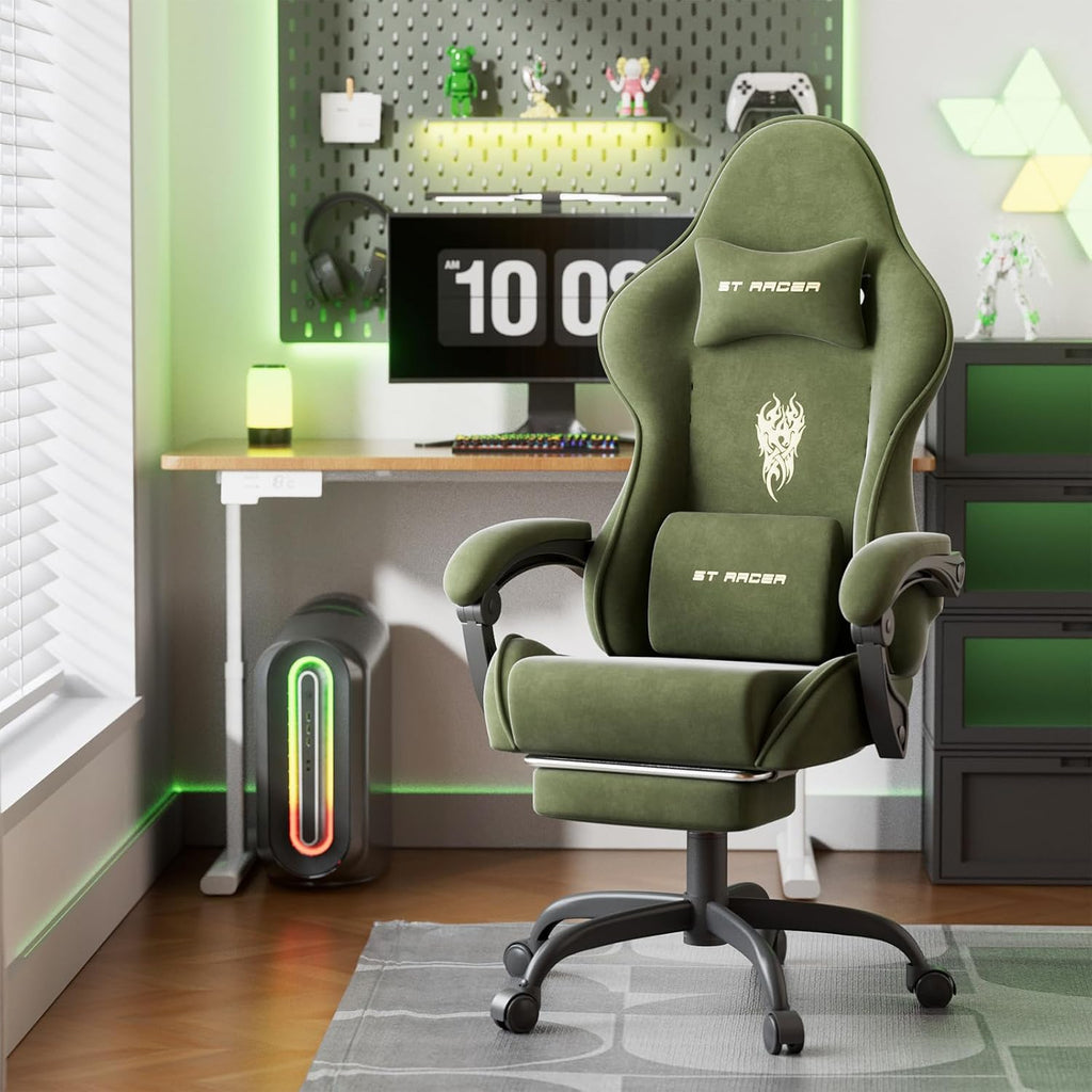Velvet Fabric Racing Gaming Chair for Adults - Ergonomic Gamer Chair with Massage Lumbar, Footrest & Spring Cushion |