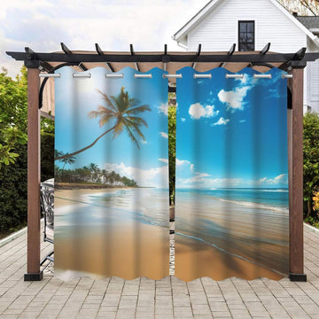 Tropical Beach Theme Waterproof Indoor/Outdoor Curtains,Ocean Palm Trees Sky Pattern,Privacy Curtains for Porch