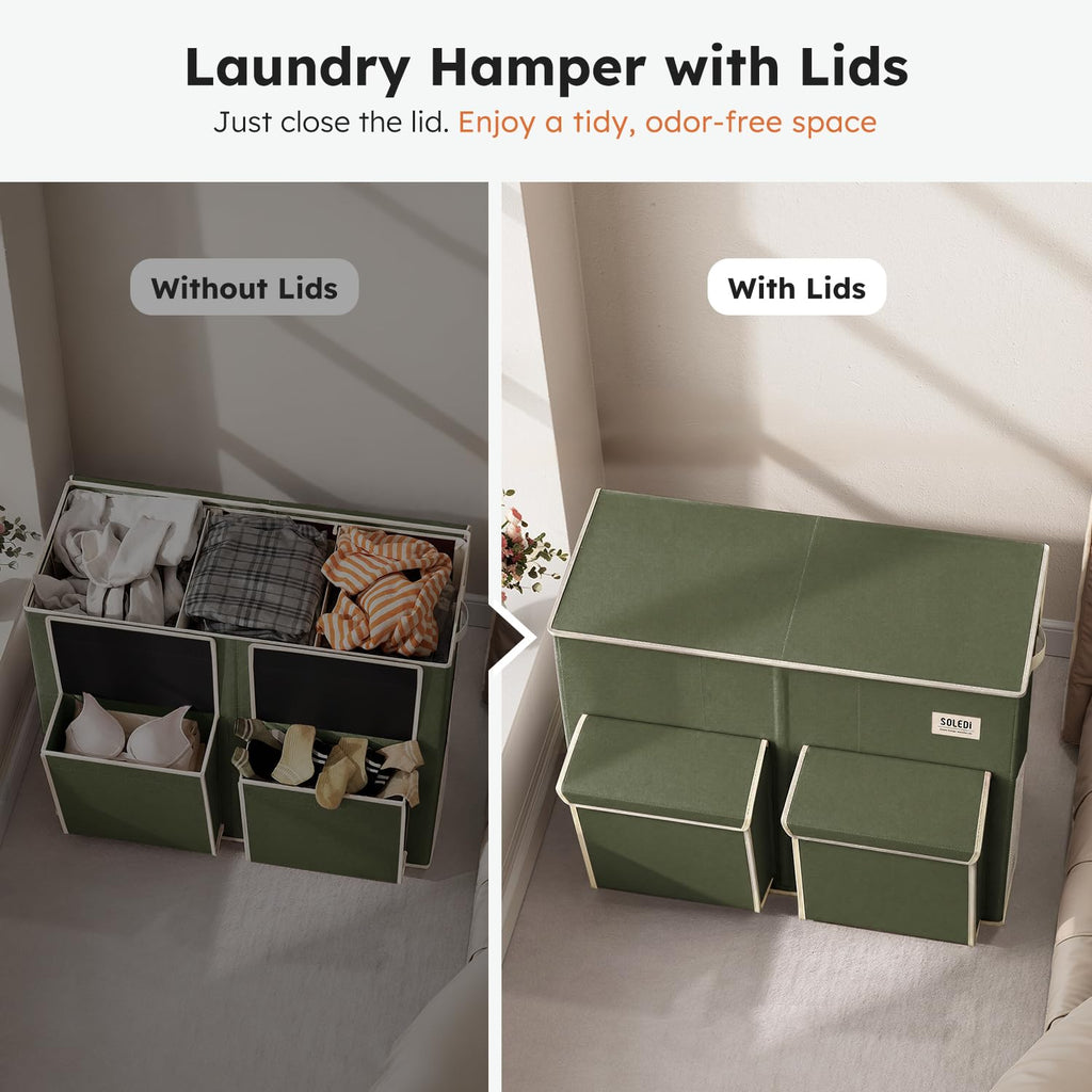 220L Laundry Hamper 3 Section with Lid and 2 Side Pockets