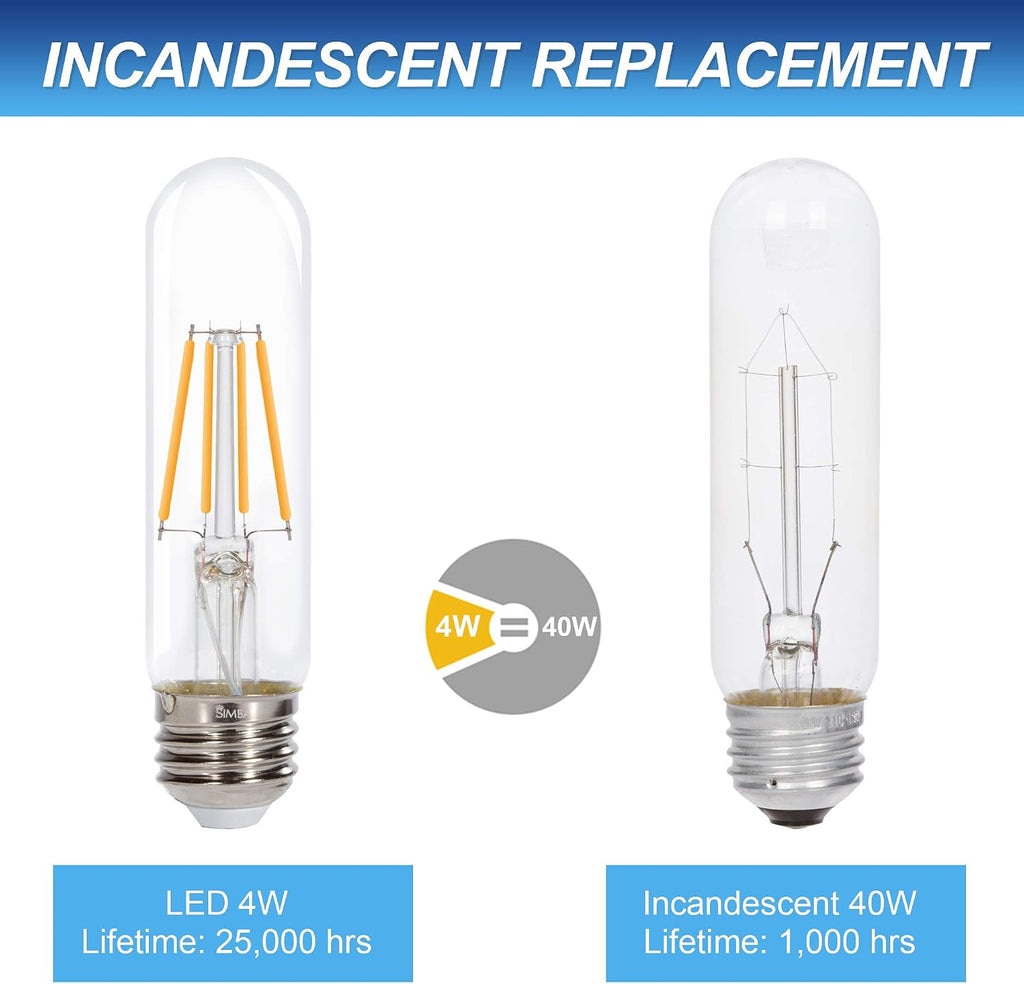 LED T10 Edison Filament 4W 120V Light Bulb E26 2700K, 3 Pack