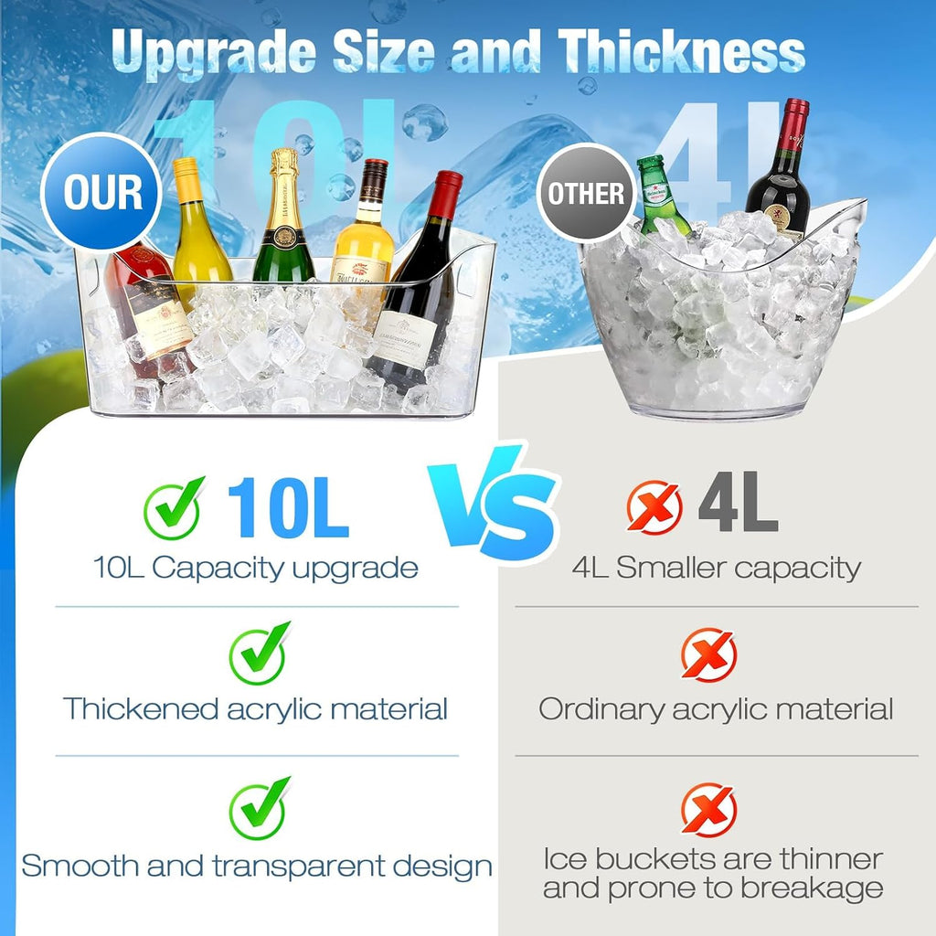 10L Clear Ice Bucket for Parties, Acrylic Beverage Tub with Scoops - Set of 2