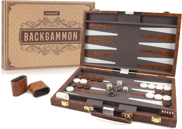 Backgammon Set, 15 Inches Classic Board Game with Leather Case, Folding Board, Gift Package, Portable Travel Strategy