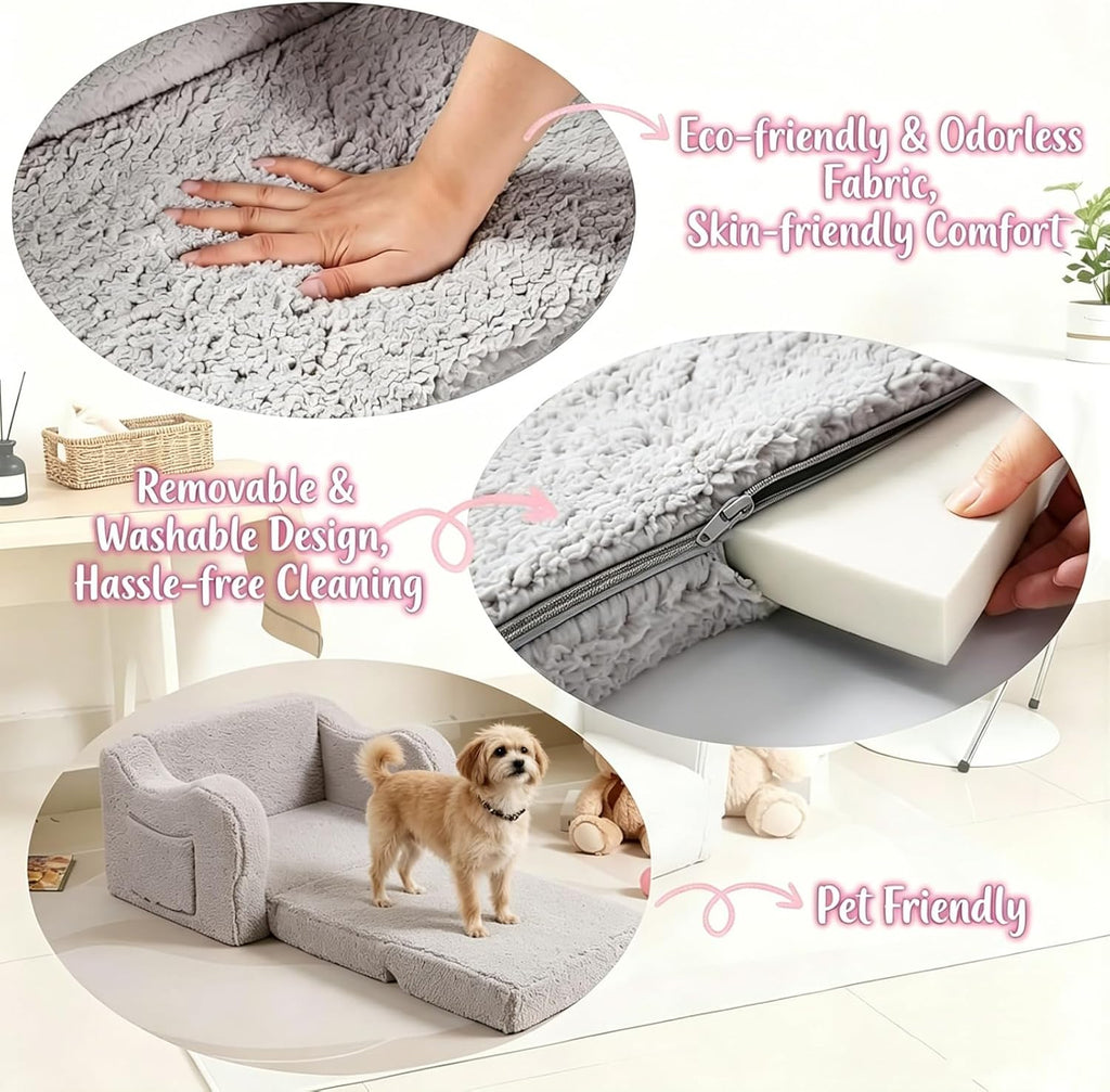 Kids Sofa Chair, in-1 Foldable Couch, Sherpa, Grey