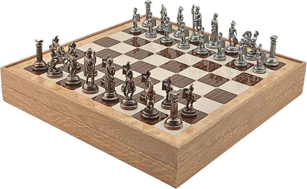 Metal Chess Set for Adults Historical Rome Antique Copper Figures,Handmade Pieces and Different Design Wooden Chess
