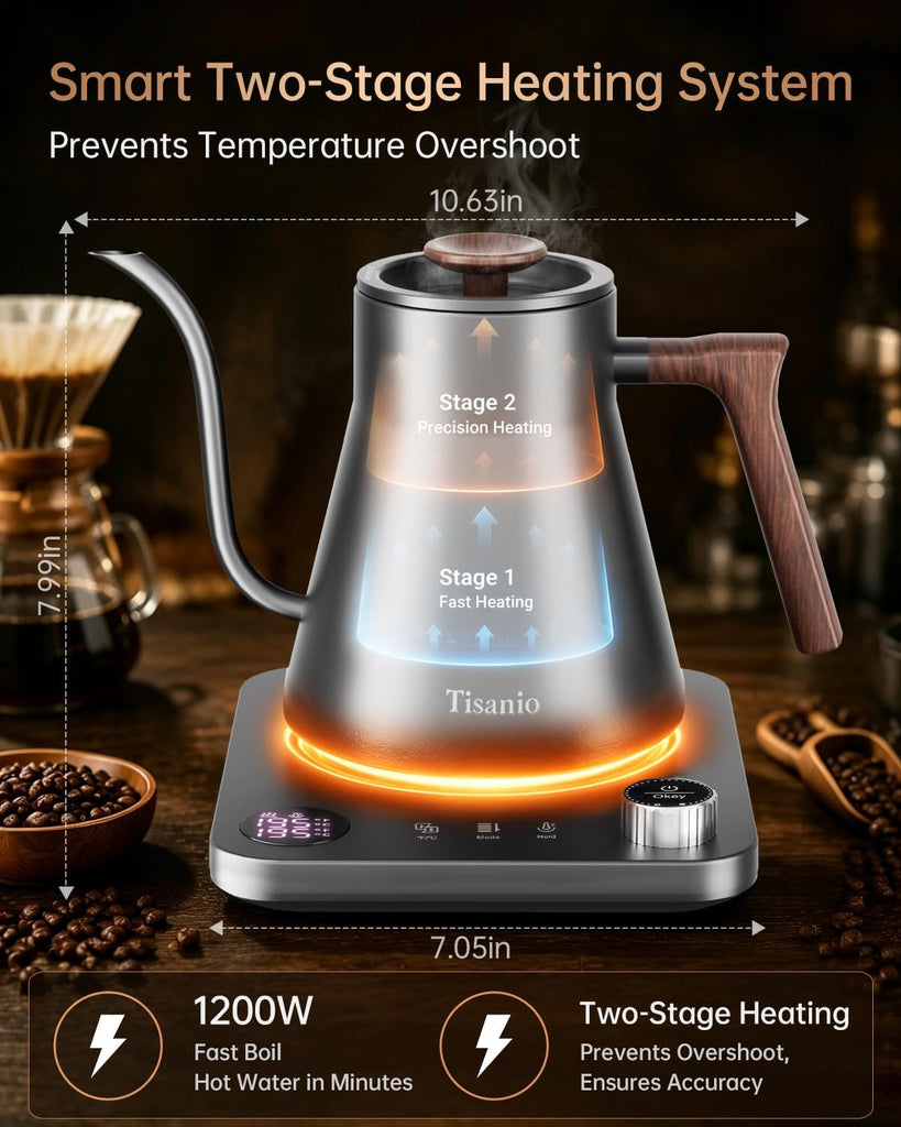 Gooseneck Electric Kettle with Temperature Control, 0.9L, Gray Wood | ±1°F Precision Pour Over Kettle, LCD Dual