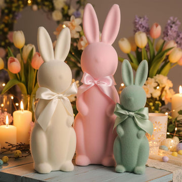 Flocked Bunny Easter Decorations with Bow Ties, Pastel Rabbit Figurines for Easter Centerpieces, Spring Home - Set of 3