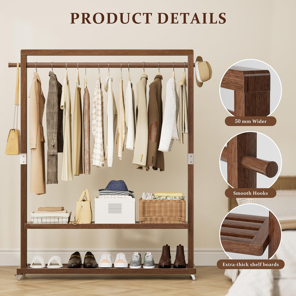 Wood Clothing Rack Solid Wood Clothes rack with Wheels 2 Shelves