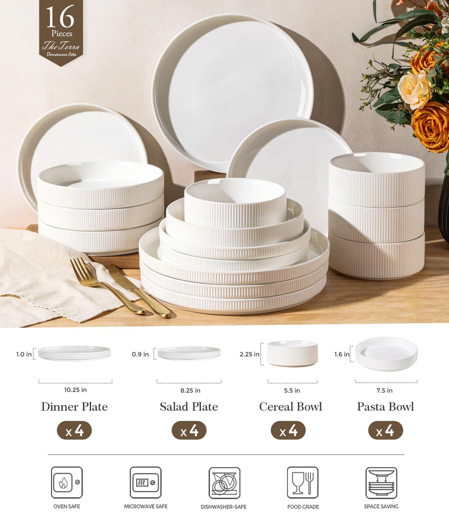 Ceramic Dinnerware Set for 4, 16-Piece Plates and Bowls Set