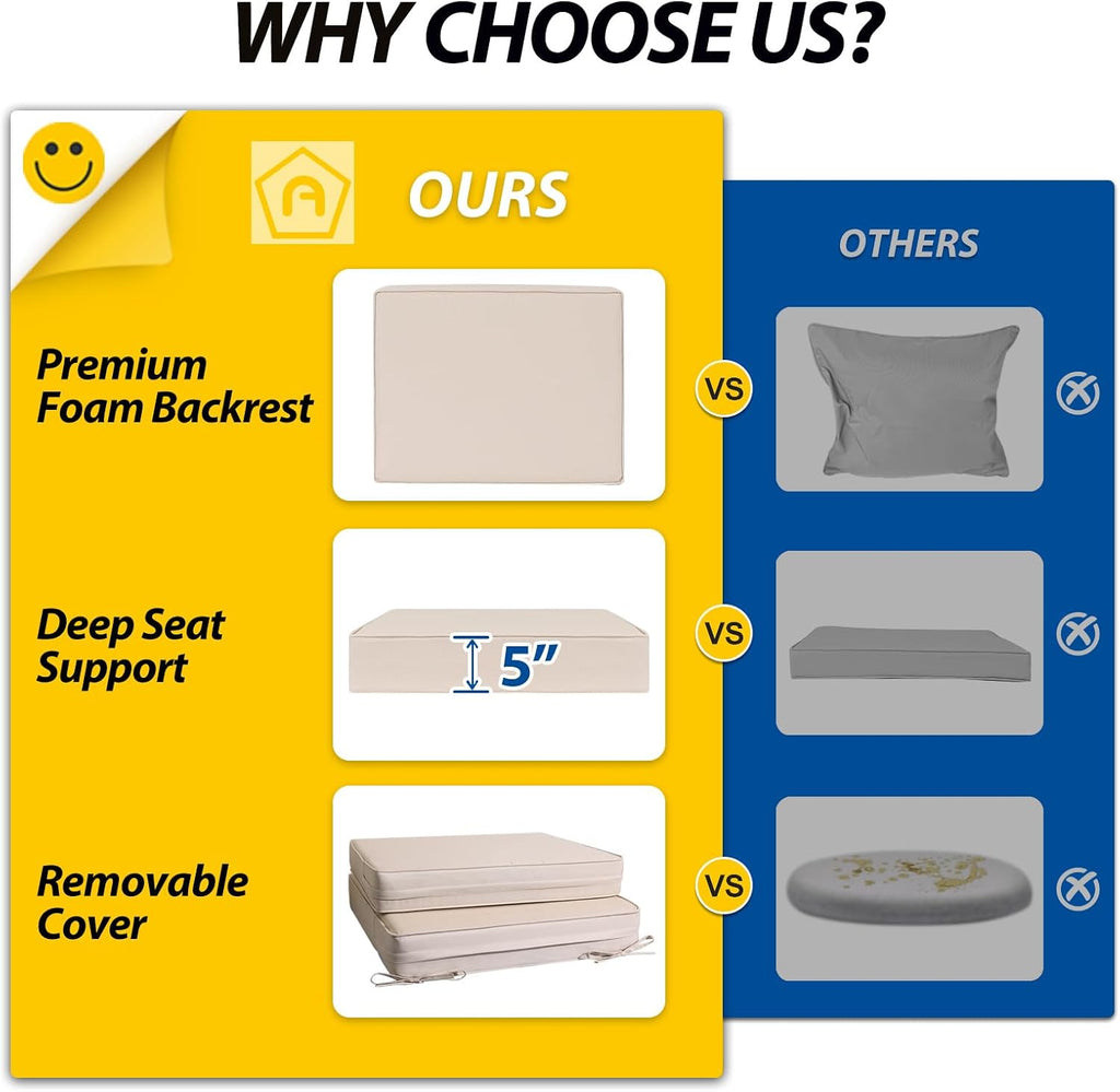 Outdoor Deep Seat Cushions, Foam Pillow, Fade-Resistant, Waterproof Patio Furniture Replacement Cushions, 24" x 24" x