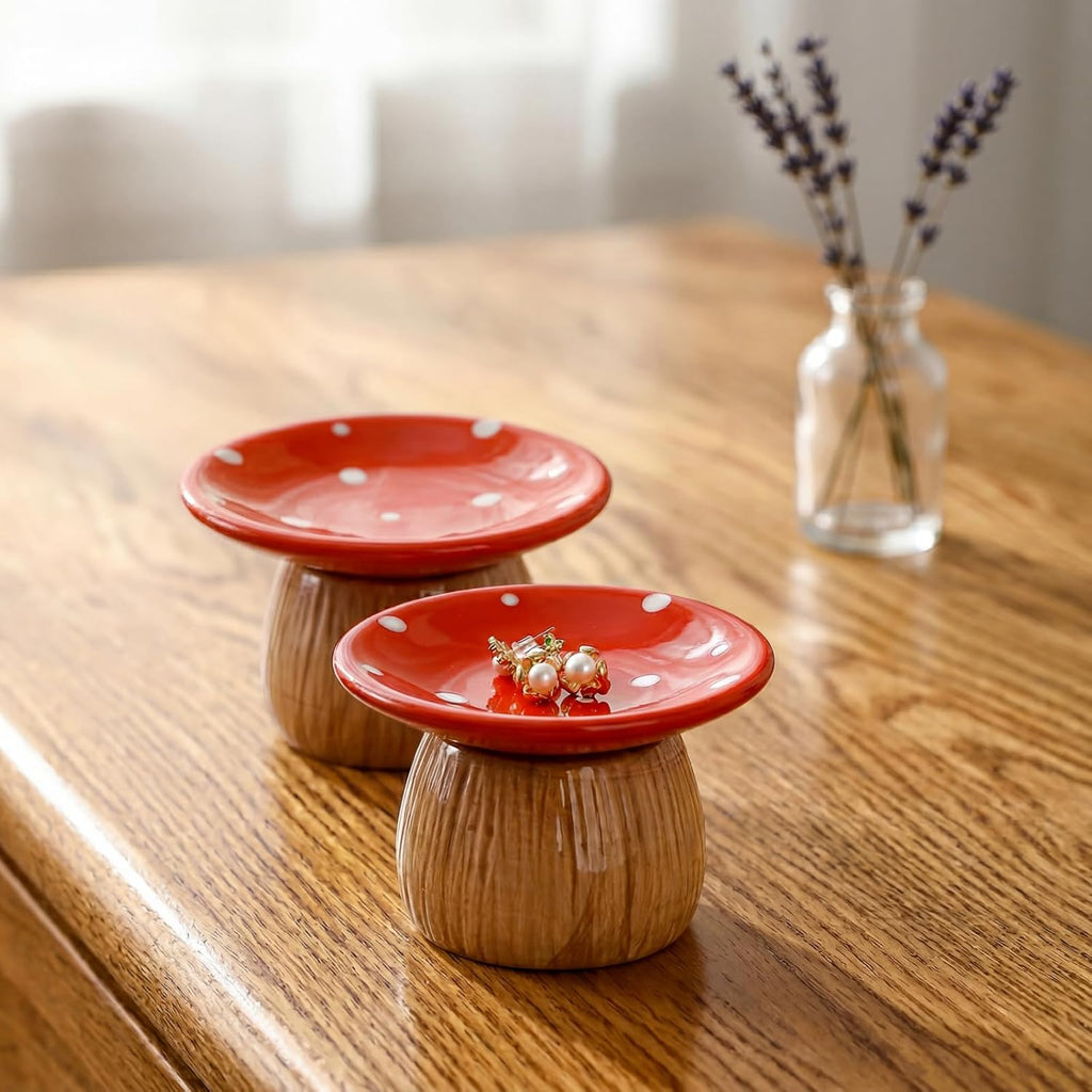 Mushroom Jewelry Dish, Ceramic Trinket Storage Jar with Lid - Set of 2