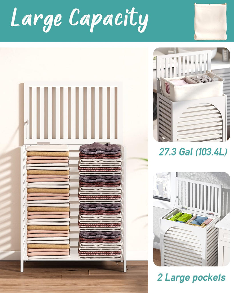 White Laundry Hamper, Laundry Hamper with Lid, 27.3 Gallon (103L) Bamboo Wood Clothes Laundry Basket with Lid and