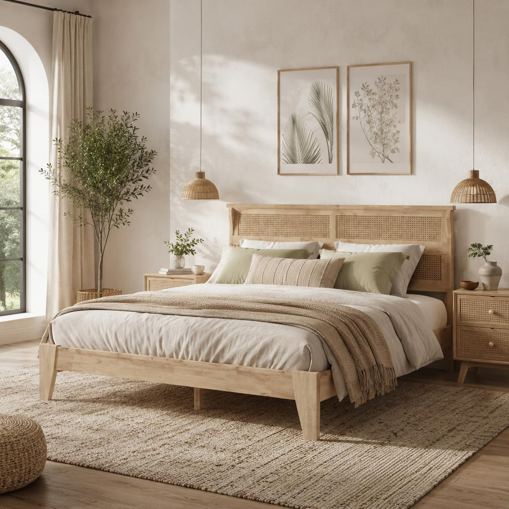 King Solid Wood Bed Frame with Interwoven Rattan Headboard, Rubber Wood Platform Bed with Underbed Storage Space