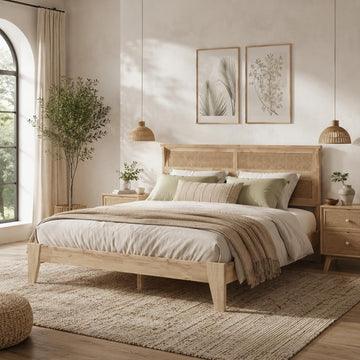 King Solid Wood Bed Frame with Interwoven Rattan Headboard, Rubber Wood Platform Bed with Underbed Storage Space
