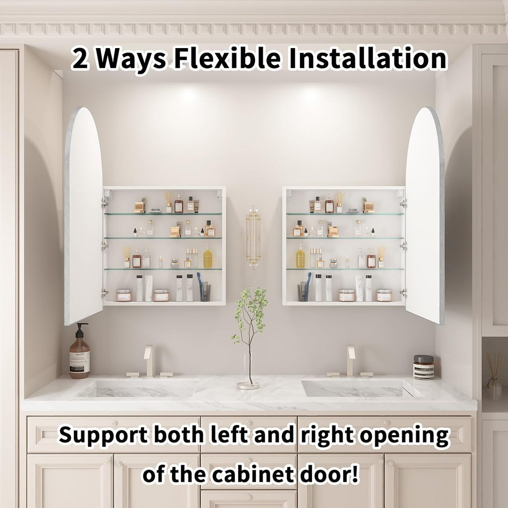 24x36 Inch Arch Bathroom Mirror Medicine,Cabinet,Brushed Silver Wall Mounted Bathroom Mirror with Storage,Adjustable