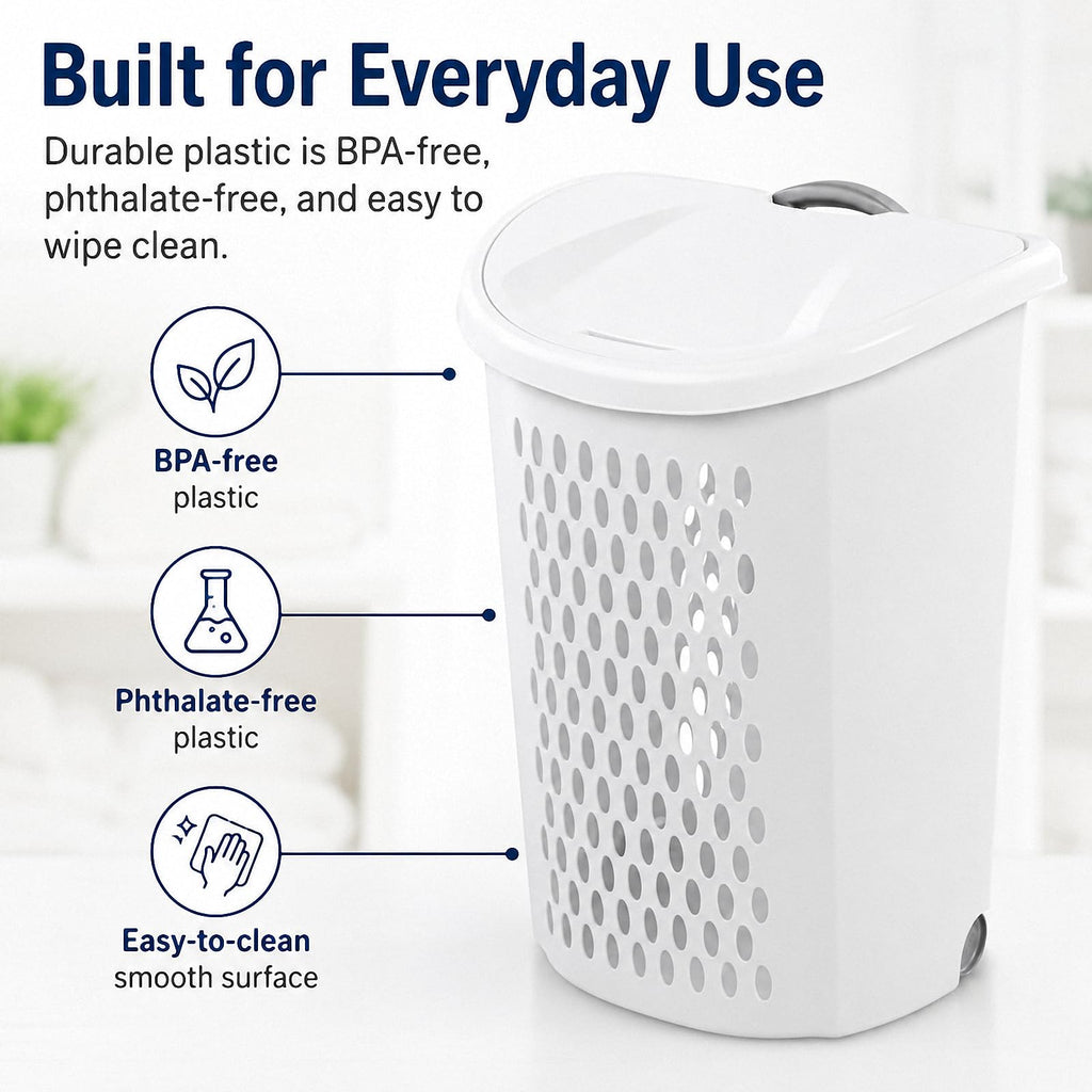 White Wheeled Plastic Laundry Hamper - Adult-Sized Rolling Basket