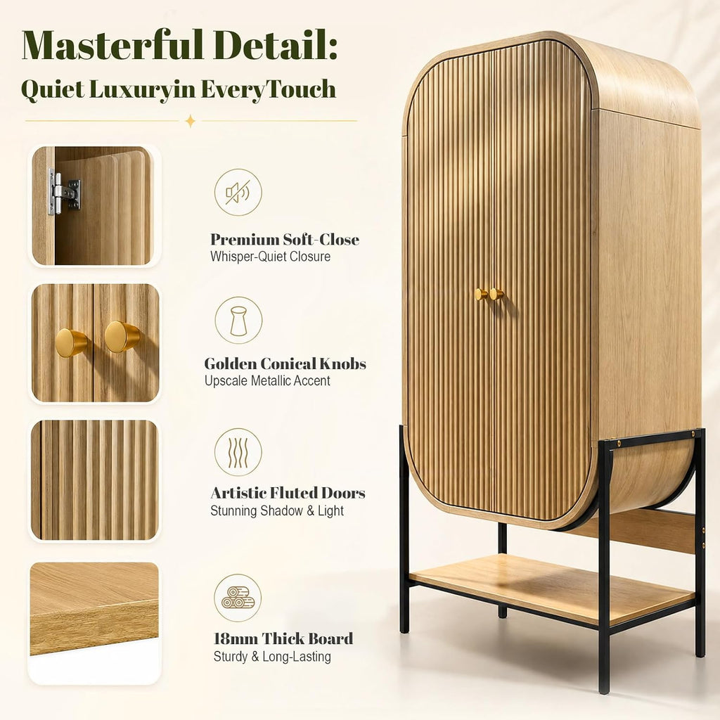 Arched Armoire Wardrobe Closet, Modern Wood Bedroom Clothing Storage Cabinet with Fluted Doors, 66" Tall Standing