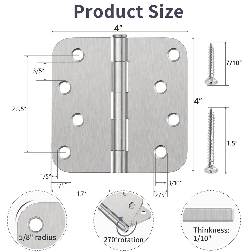 Door Hinges 4 Inch, Brushed Nickel Exterior Door Hinges 6 Pack
