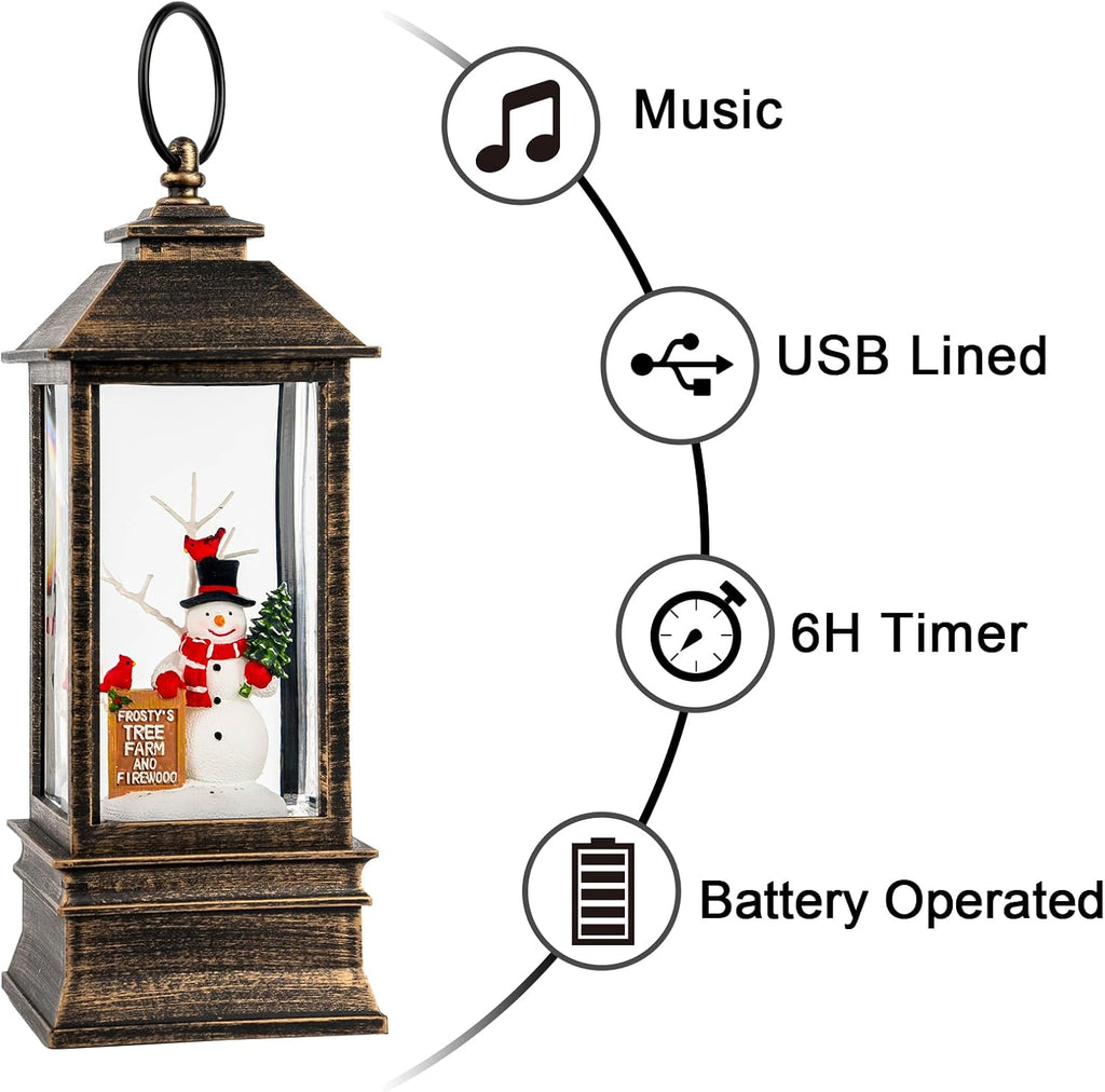 Christmas Snow Globe Water Glittering Farm Snowman with Music & Timer, USB Lined/Battery Operated Lighted Lantern