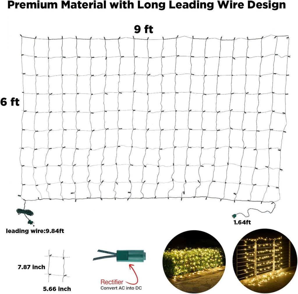 Led Net Lights Christmas Lights Outdoor 200Led 9 ftx 6ft Upgraded WarmWhite Christmas Net Lighting, Waterproof 5mm