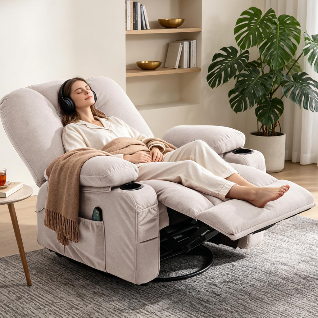 Rocking Recliner Chair with Massage Heat, Beige | Overstuffed Rocker Swivel Glider Sofa, Manul, Fabric, Living Room