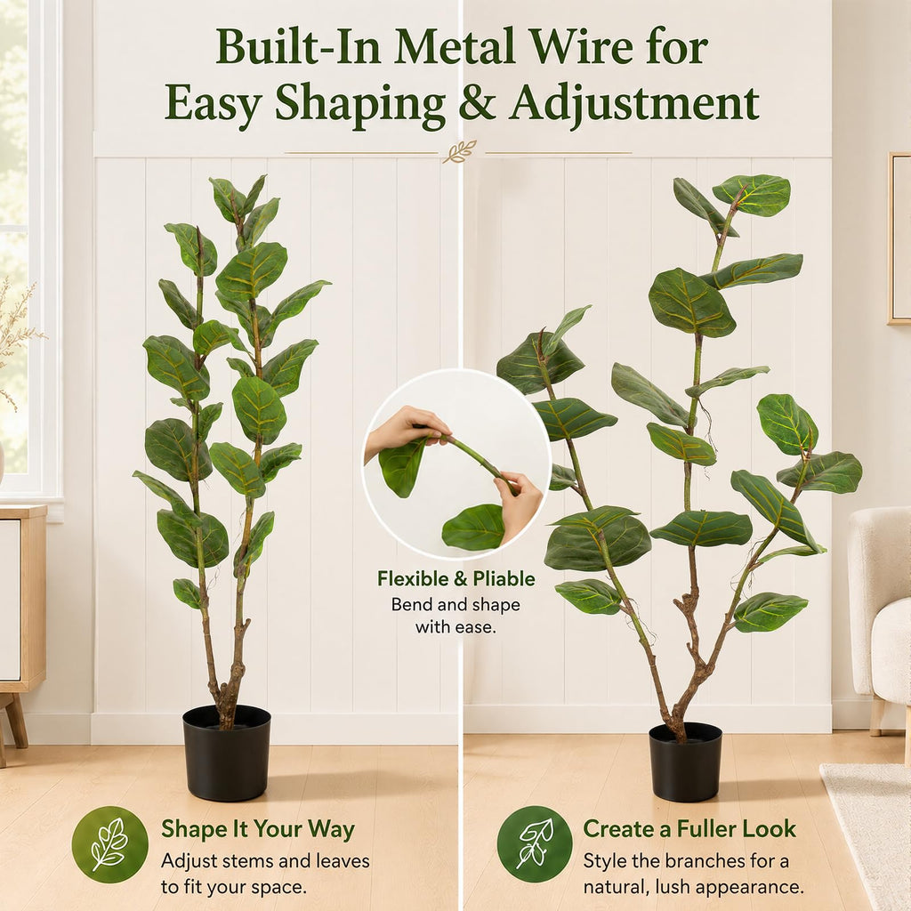 Faux Fiddle Leaf Fig Tree, 4 Ft Artificial Ficus Audrey Plant with Realist Aerial Roots, Fake Plants Indoor with Pot