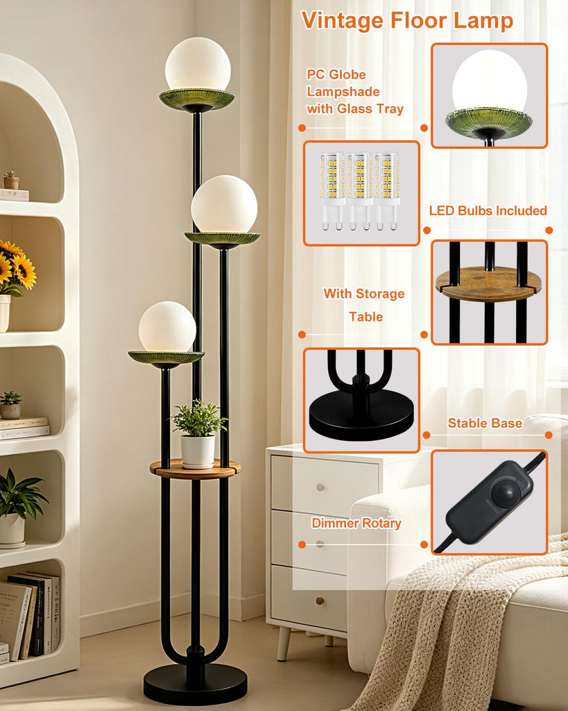 3-Globe Black Floor Lamp Dimmable with Green Glass Tray Tall Lamp