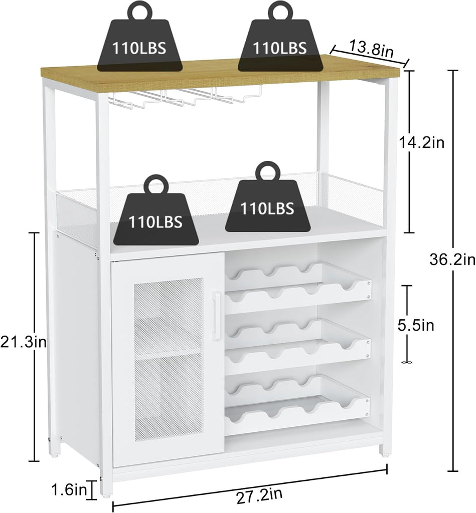 Wine Bar Cabinet with Detachable Wine Rack and Storage Space | 3-Tier Buffet Cabinet with Glass Holder and Mesh Door