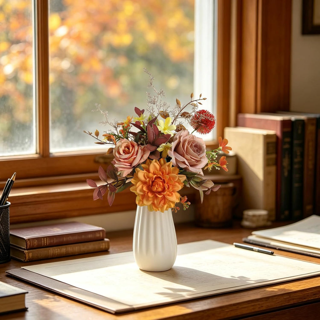 Small 11" Artificial Flowers in Ceramic Vase - Orange Silk Flower Centerpiece for Dining Table, Office, Wedding &