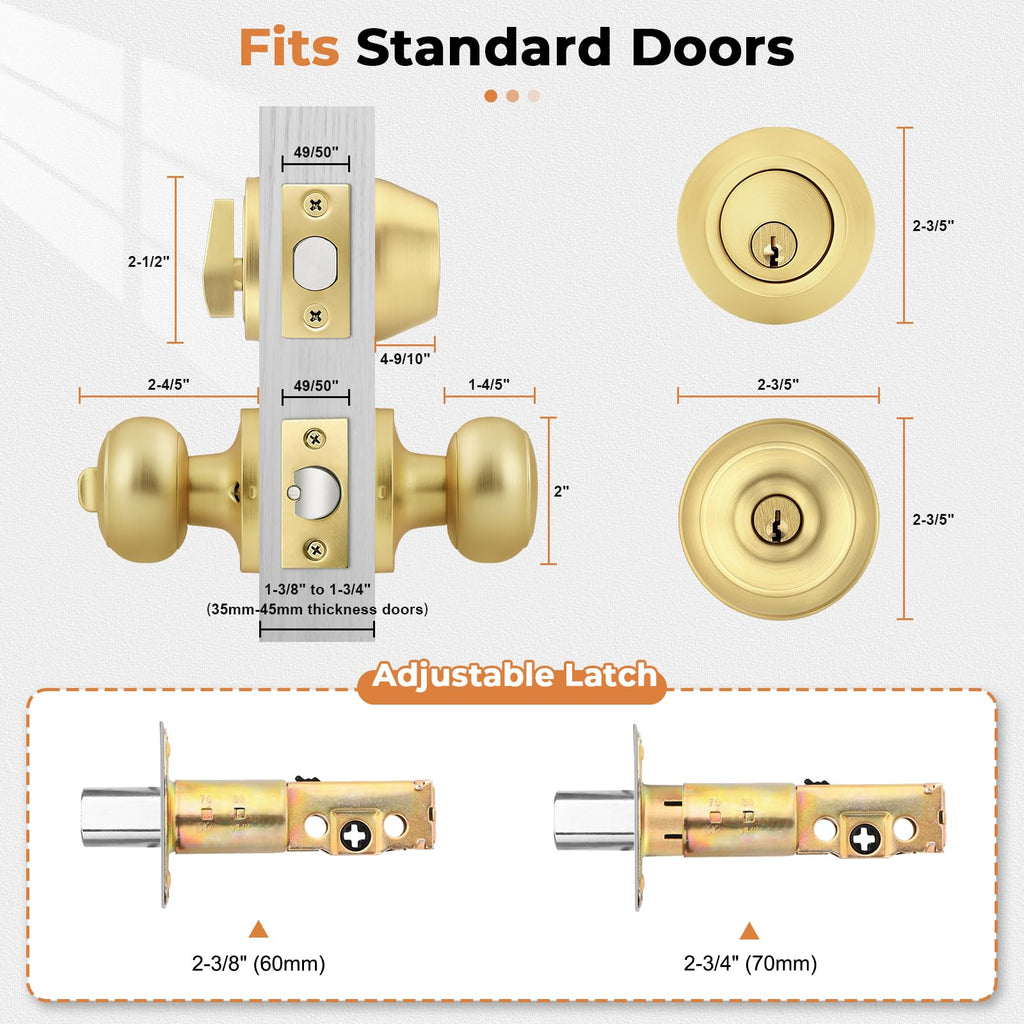 1 Pack Entry Door Knob Set, Gold, Single Cylinder Deadbolt