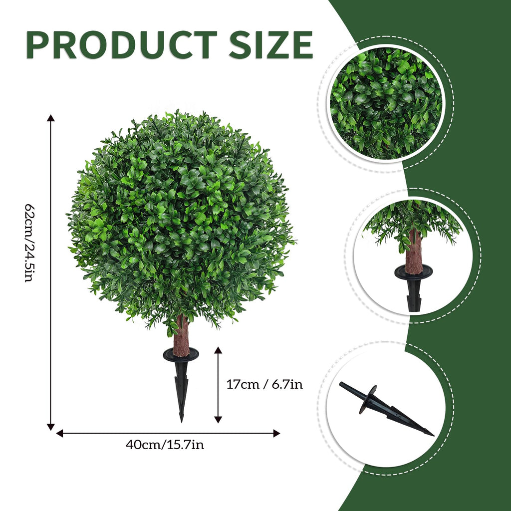 25" Artificial Boxwood Topiary Ball Tree with Ground Plugs [Set of 2] UV Protected Artificial Shrubs, Fake Evergreen