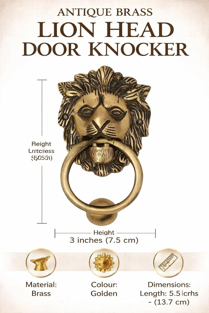 Brass Door Knocker Hand-Etched Carved Gate Knocker Handle Pull Home Decor Hardware Lion Head Design Golden Color 5.5