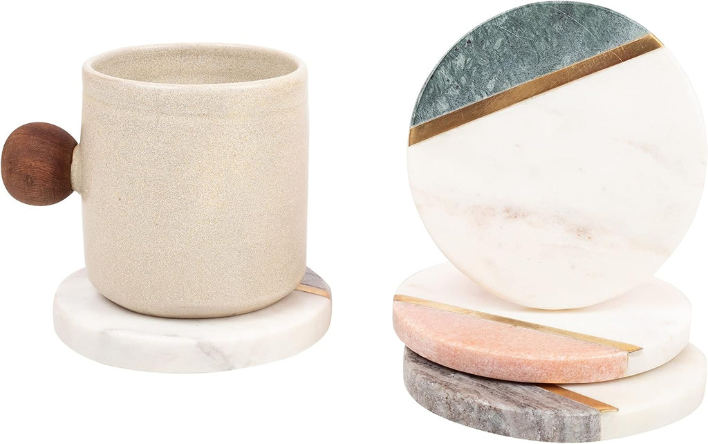 Round Marble Coasters - Handmade Multicolor Stone Drink Coasters with Gold Brass Inlay - Stylish Modern - Set of 4