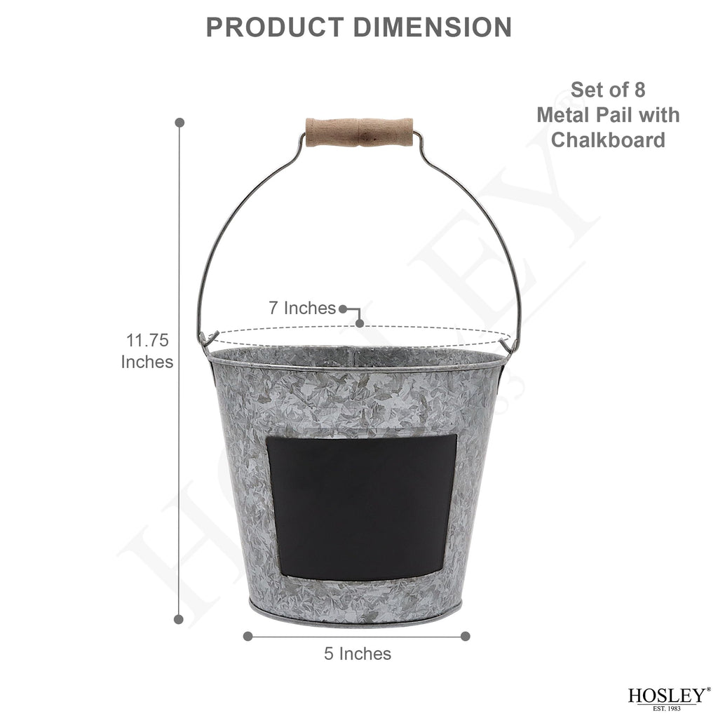 Galvanized Metal Chalkboard Bucket with Wooden Handle 7 Inch Dia - Set of 8 Rustic Farmhouse Floral Planter, Ideal