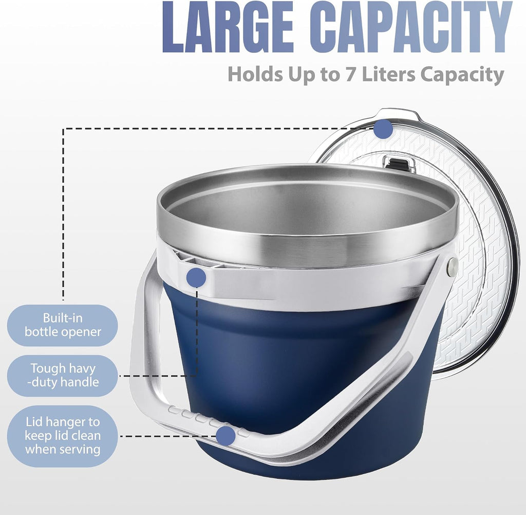 7L Vacuum Insulated Ice Bucket with Lid and Scoop& Tongs,Large capacity Stainless Steel Beverage Bucket for Cocktail