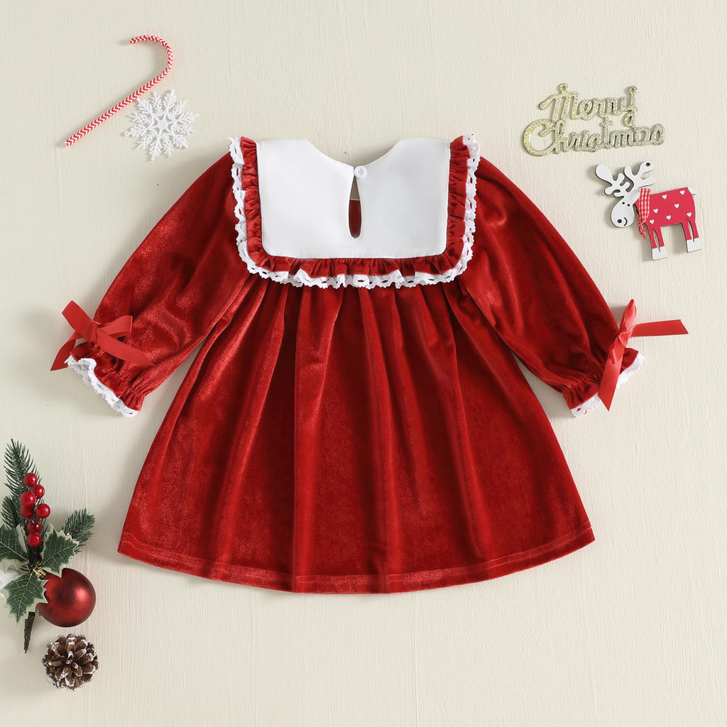 Toddler Baby Girl Christmas Outfit Fall Velvet Long Sleeve Dress (O Christmas Tree Bow Red, )