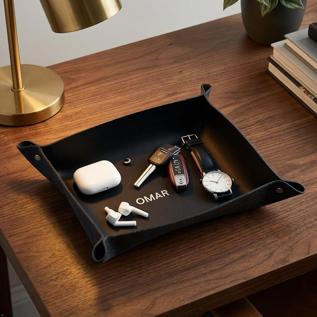 Personalized Leather Valet Tray - Made in USA - Custom Monogramed Full Grain Leather Catchall Tray for Men, Desk