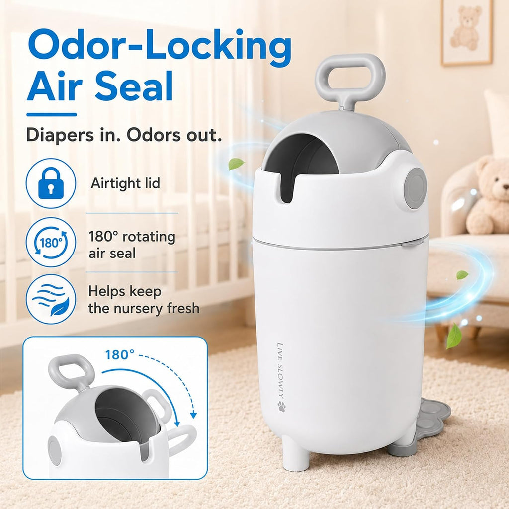 12L Baby Diaper Pail Odor Locking with Airtight Lid & Child Safe Lock,White