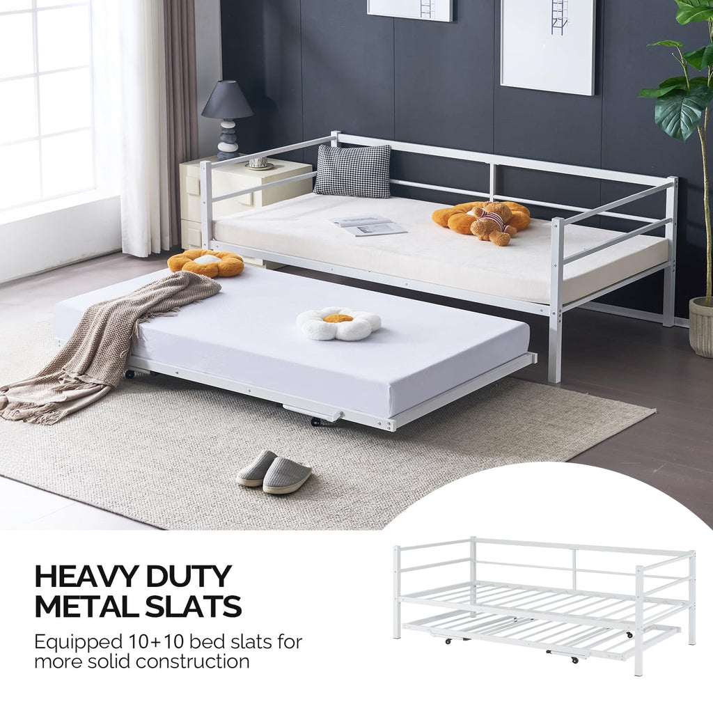 Daybed with Pop Up Trundle, Heavy Duty Metal Twin Bed with Trundle, No Box Spring Needed, White