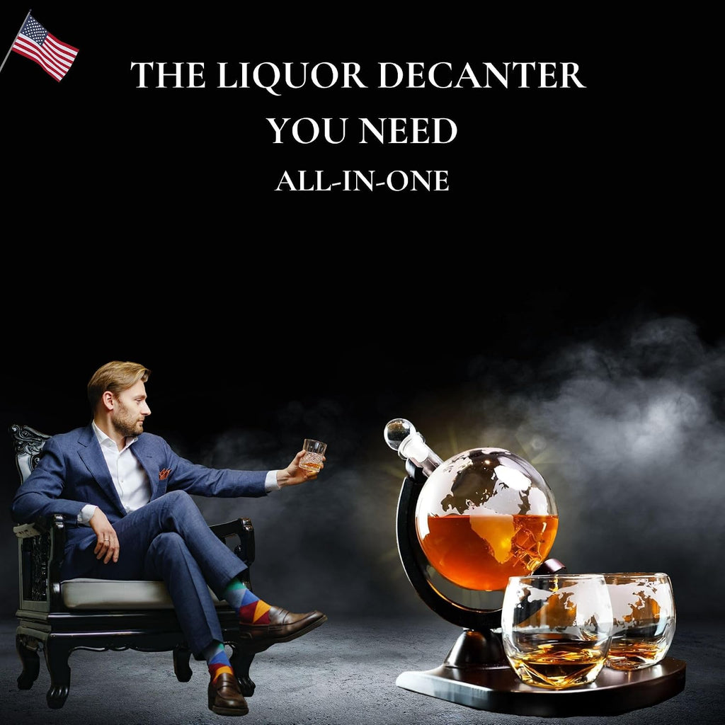 Whiskey Decanter Globe Set with 2 Etched Globe Whisky Glasses | Liquor Decanter | Whiskey Stones, Ice Tong, Funnel - Set of 10