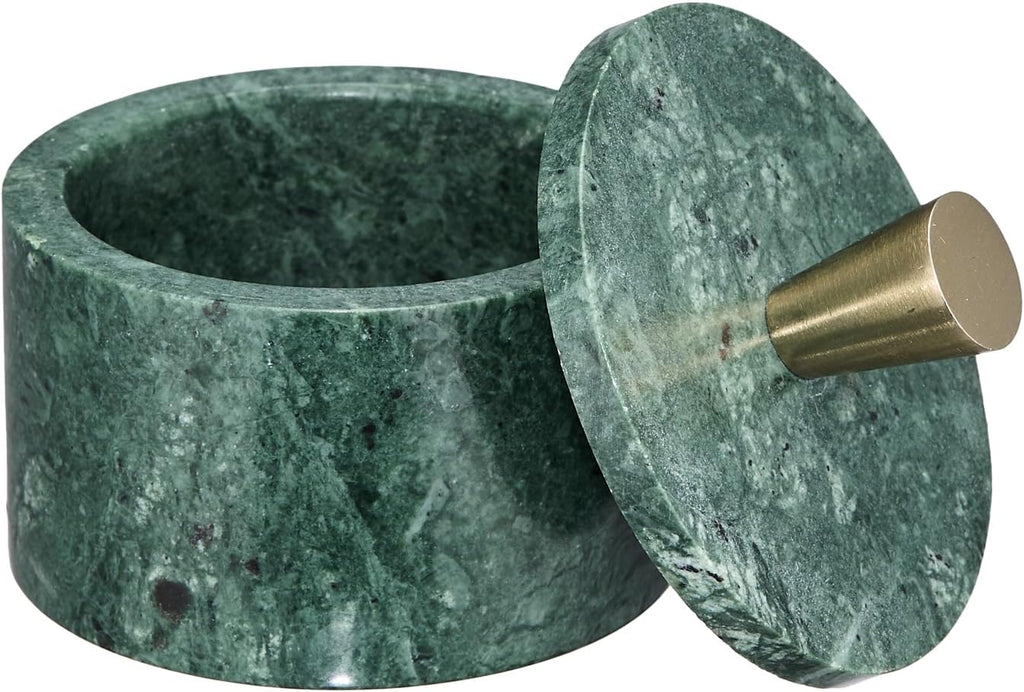 Green Marble Salt Cellar with Lid & Brass Knob - Natural Stone Spice Container Countertop, Gourmet Salt Holder
