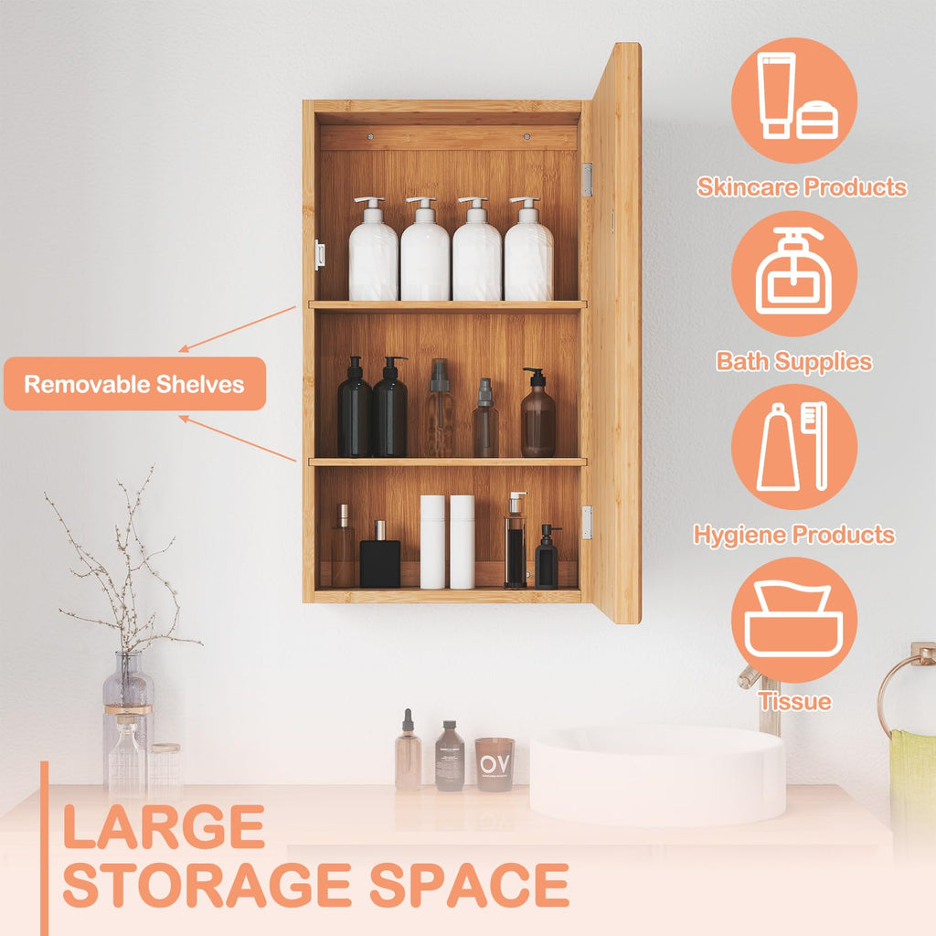 Bamboo Medicine Cabinet with Mirror, 14" x 24" Small Bathroom Mirror with Storage, 2 Removable Shelves, Farmhouse