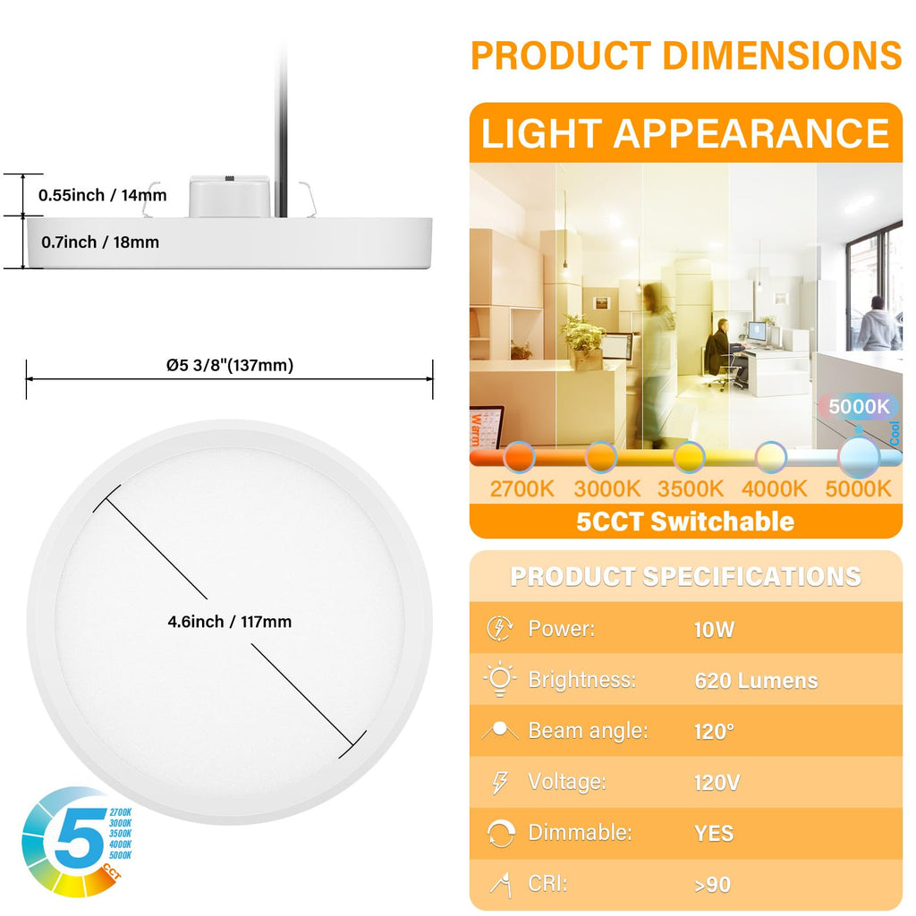 5 Inch Field Selectable 5CCT LED Edgelit Slim Surface Mount Downlight for J-Box, Round, Mini Flat Panel Light