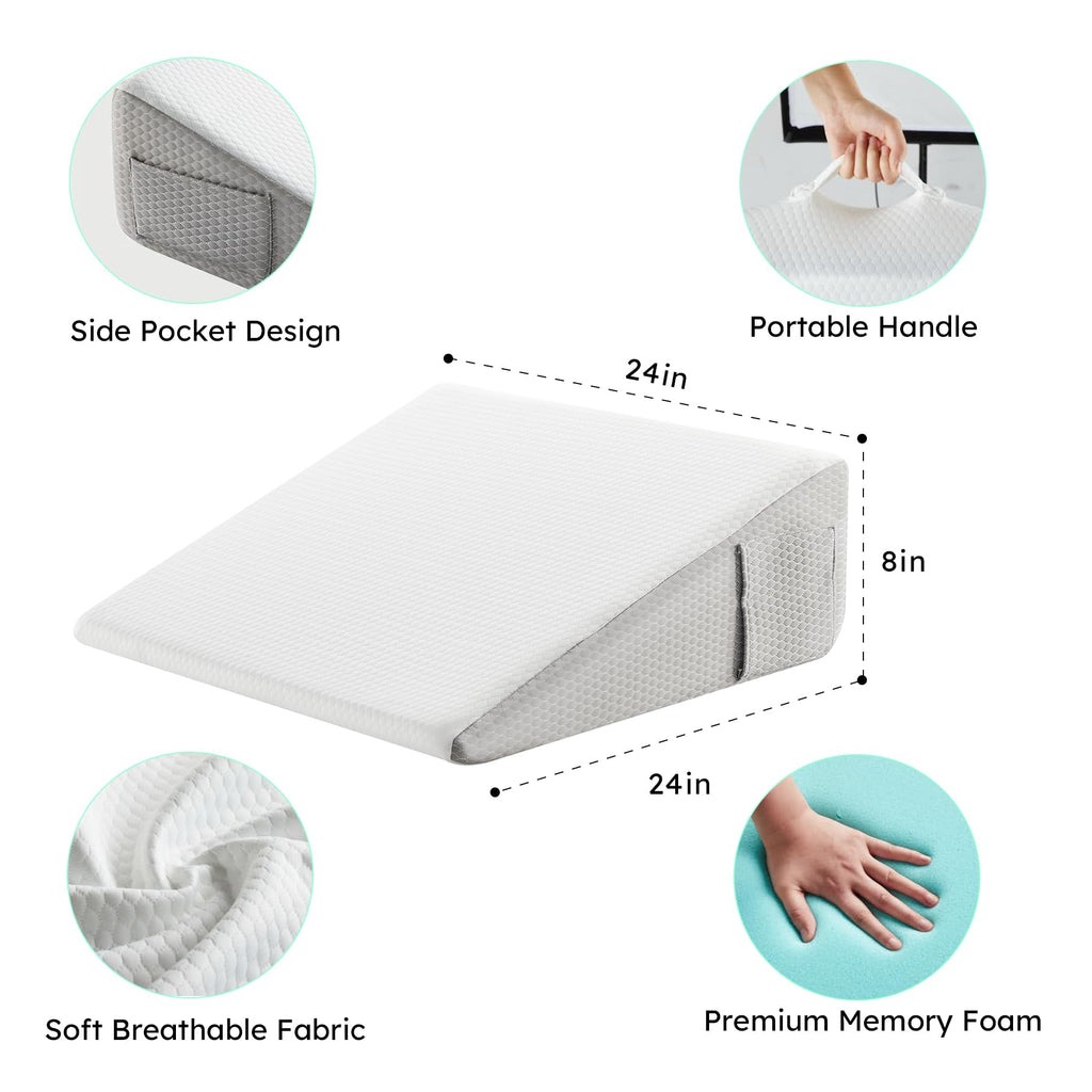 Wedge Pillow, 8 inch Bed Wedge Pillow for Headboard, Pillow Wedge for Acid Reflux Relief, Sleeping, After Surgery